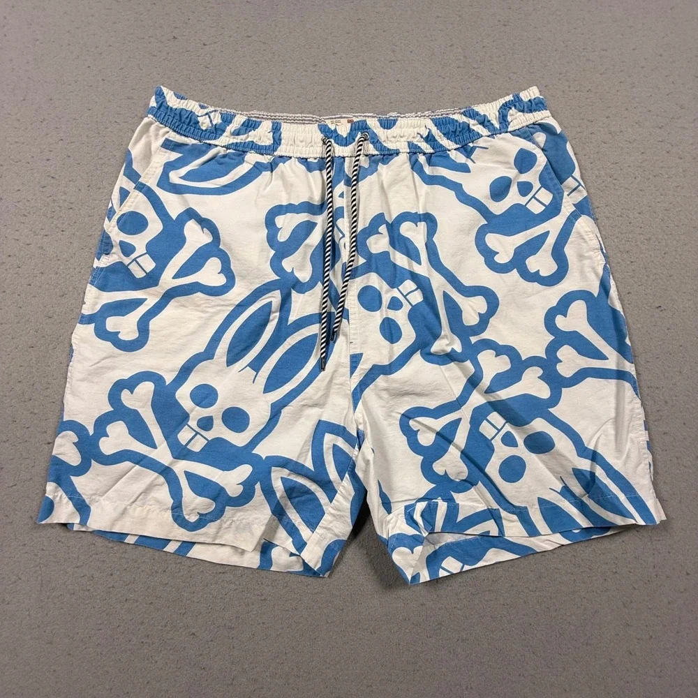 Psycho Bunny Mens Swim Trunks Blue White Skull Bunny Graphic Shorts Large